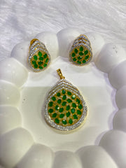 Gold-Plated Green Stone Pendant Set with CZ Accents