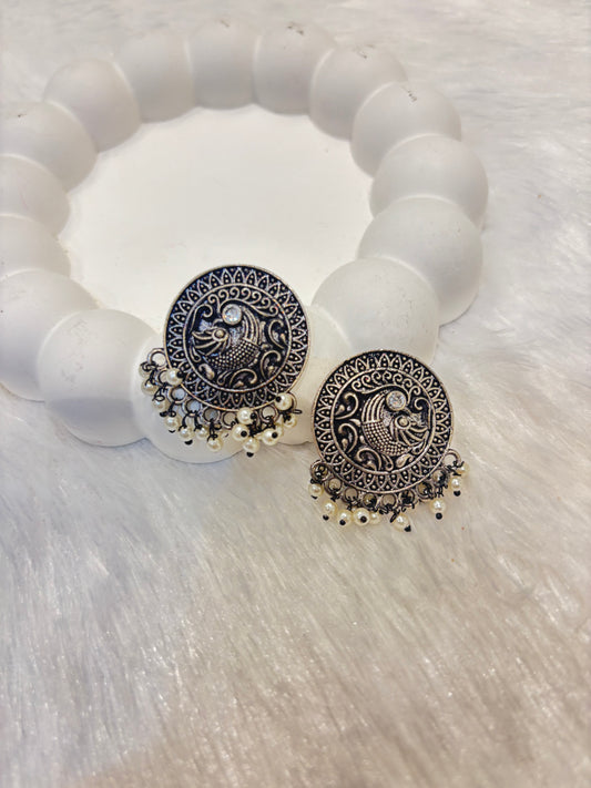 Oxidized Circle Moon Design Studs