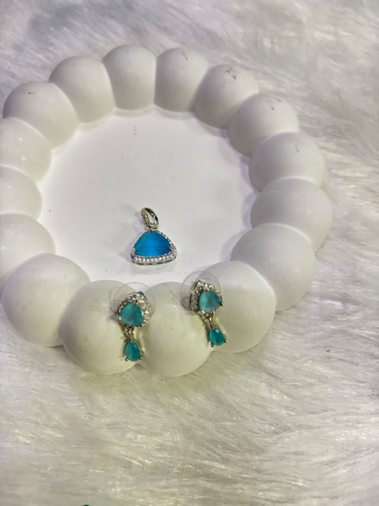 Tri-Color Stone Drop Pendant & Earrings Set – Pink, Green & Blue | Elegant Party Wear Jewelry