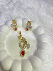 Dual-Tone Oval Gemstone Pendant Set with Earrings