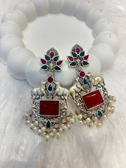 Oxidized Long Peacock Design Stone Earrings