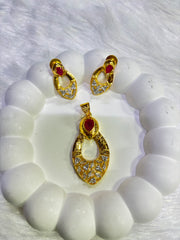 Gold-Plated Ruby Red Pendant Set with CZ Detailing