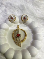 Gold-Plated Circular Pendant Set with Ruby Red Stone & CZ Detailing