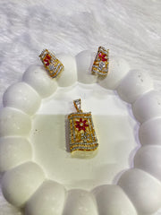 Gold-Plated Red Floral Pendant Set with CZ Detailing