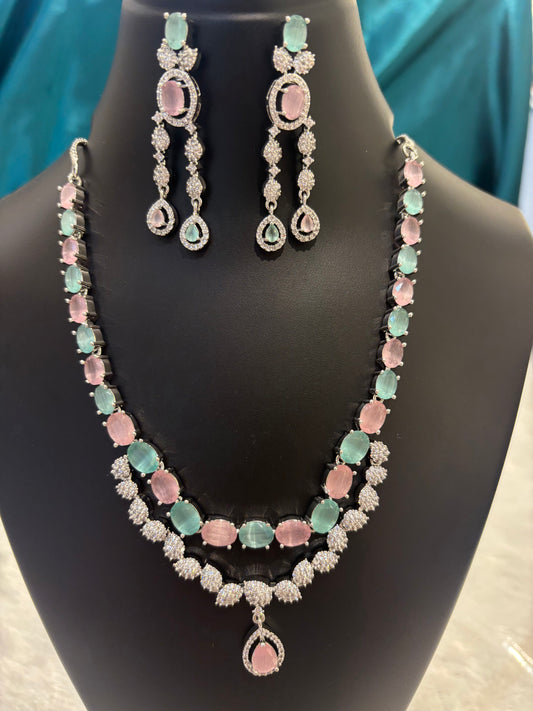 Dual Lined & Coloured AD Stones Necklace Set – Elegant Multicolor American Diamond Jewelry