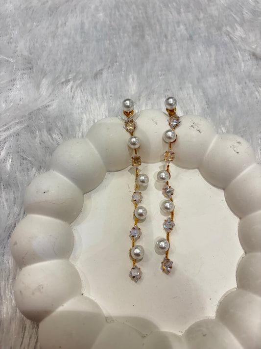Pearl & Crystal Long Drop Earrings – Dual Tone Elegance