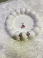 Tri-Color Stone Drop Pendant & Earrings Set – Pink, Green & Blue | Elegant Party Wear Jewelry