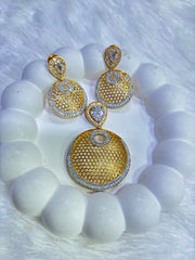 Golden Honeycomb CZ Jewelry Set – Designer Earrings & Pendant with Sparkling Stone Accents