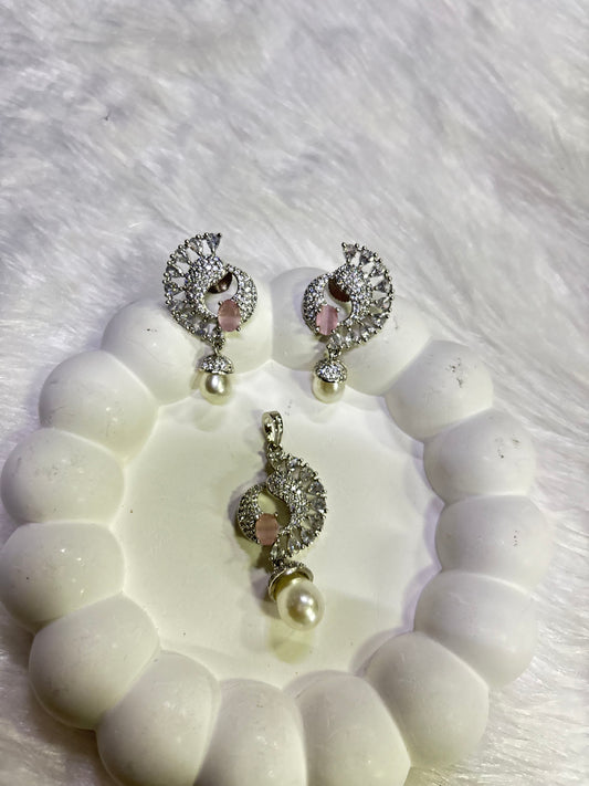 Elegant Pearl Drop CZ Stone Pendant Set – Multi-Color Variants