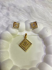 Gold-Plated Geometric Square Pendant Set with CZ Stones