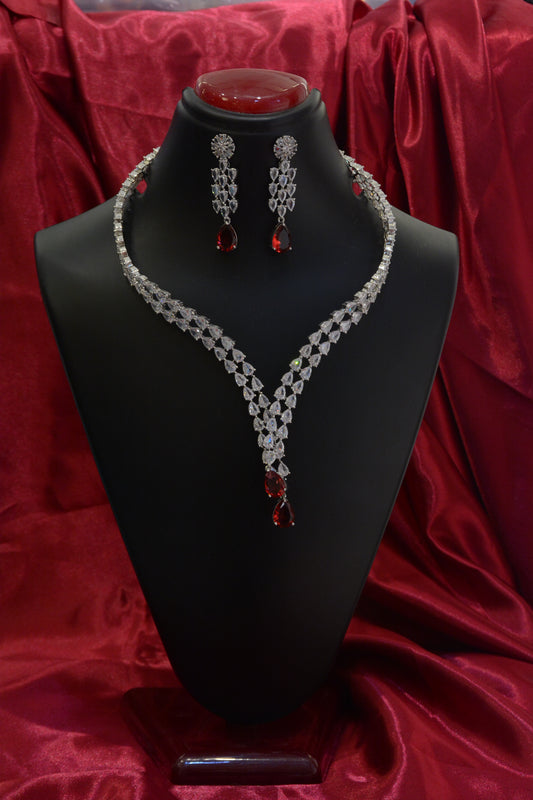Long AD Unique Silver Coated Necklace Set – Statement American Diamond Jewelry for Women