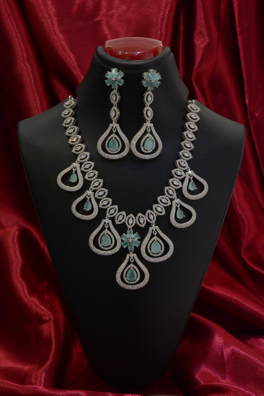 Teal Tear Drop AD Silver Plated Necklace Set – Elegant American Diamond Jewelry for Women