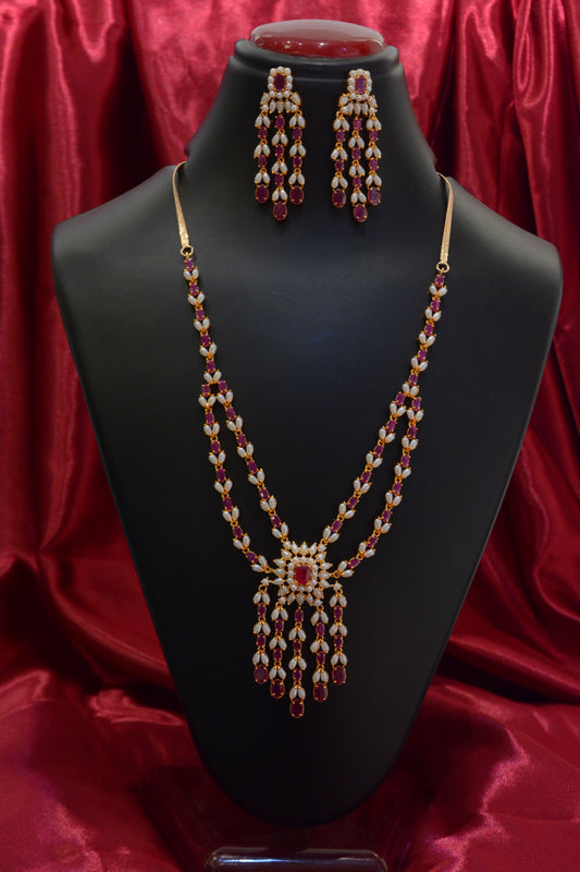 Ruby, Emerald and White Pearl Long Gold Plated Necklace Set – Traditional Bridal Jewelry for Women