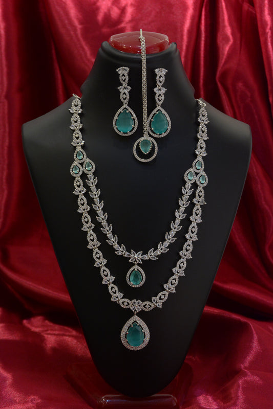 Teal Dual Lined AD Silver Plated Necklace Set with Maangtika – Elegant Bridal Jewelry for Women
