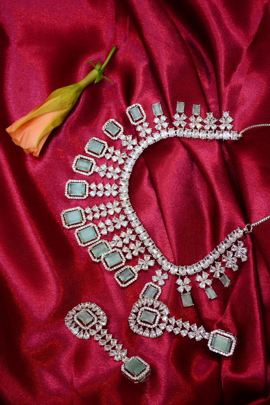 AD Teal Silver Plated Necklace Set