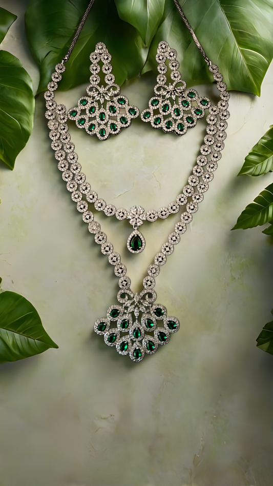 Tree Dual Line AD Silver Necklace Set