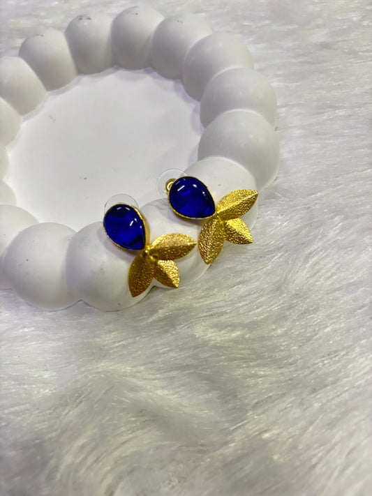 Golden Leaf Stone Stud Earrings – Multi Colors