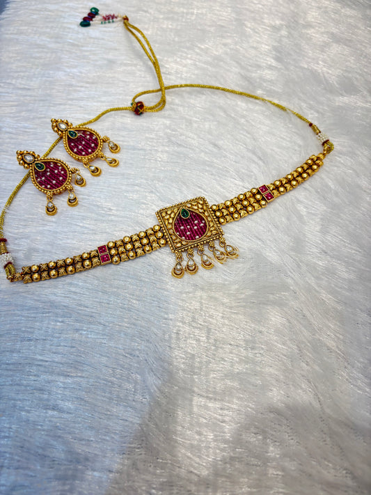 Gold Plated Pink Stone Temple Choker Set – Traditional South Indian Jewelry