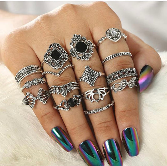 15 Pcs Jewels Galaxy Oxidized Stackable Rings Set – Antique Silver Boho Finger Jewelry