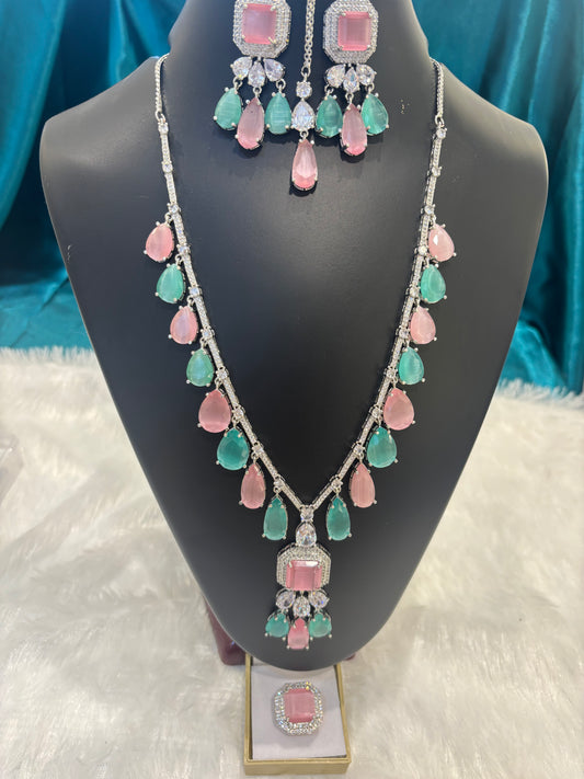 Long Nita Ambani Tear Drop AD Stone Necklace Set – Luxurious Bridal Statement Jewelry