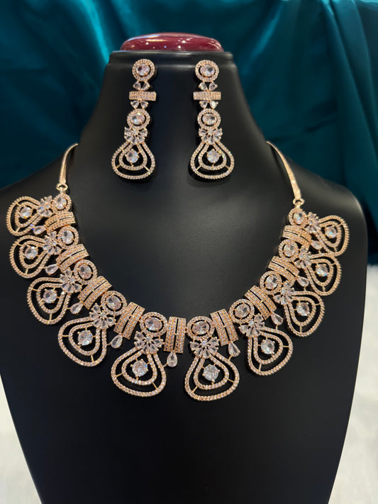 Clear Stone Rose Gold Plated Haar Set – Elegant Bridal & Party Wear Long Necklace