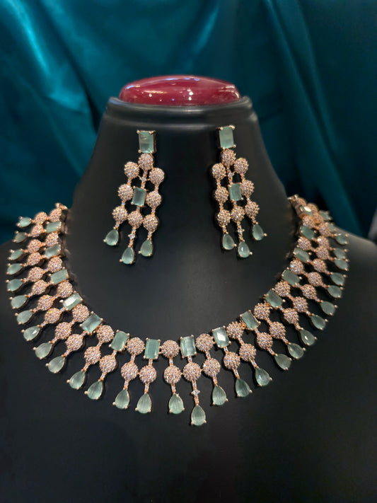 Teal Stoned Rose Gold Haar Set – Elegant Long Necklace for Bridal & Festive Wear