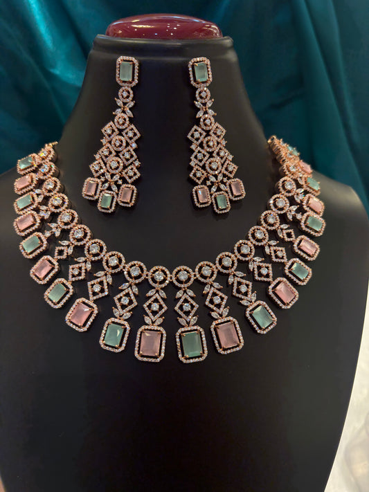 Pink & Teal Stone Rose Gold Plated Haar Set – Elegant Long Bridal & Festive Necklace