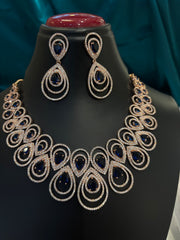 Tear Drop Blue Stone Rose Gold Plated Haar Set – Elegant Long Necklace for Bridal & Festive Wear