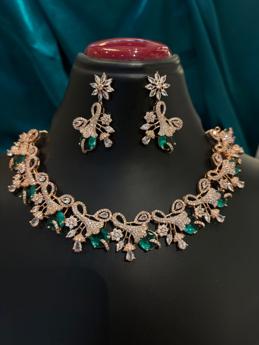 Unique Design Emerald & Rose Gold Plated Necklace Set – Elegant Statement Jewelry for Women