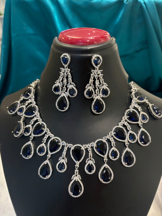 Heavy Blue Tear Drop AD Silver Plated Haar Set – Grand Bridal & Festive Necklace