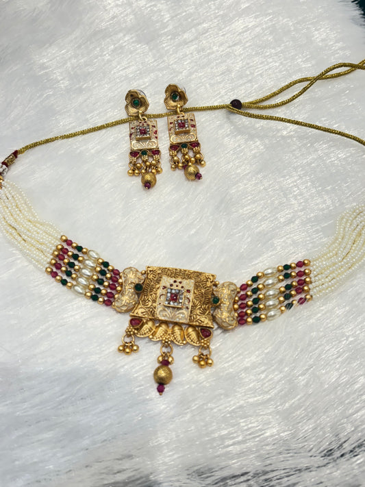 White Pearl Pink and Green Stone Choker Set – Bridal & Festive Jewelry