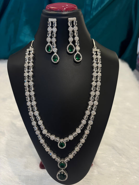 AD Silver Plated Emerald Tear Drop Necklace Set – Elegant Bridal Jewelry