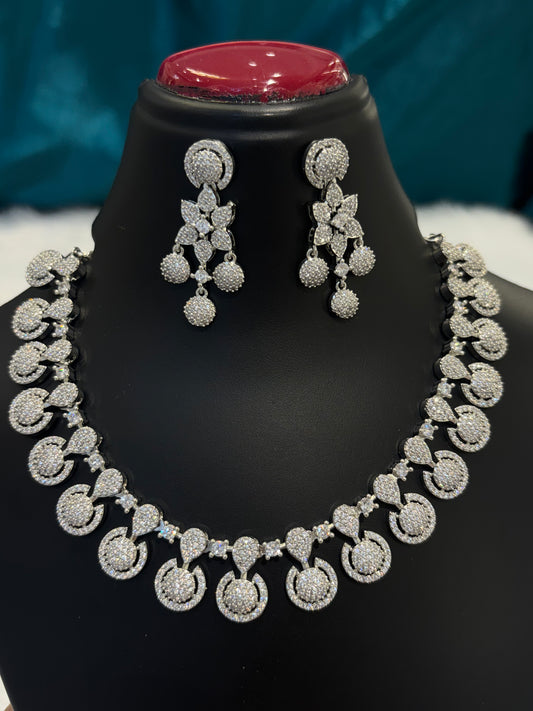 AD Silver Dangling Circle Necklace Set – Elegant American Diamond Jewelry with Hanging Motif