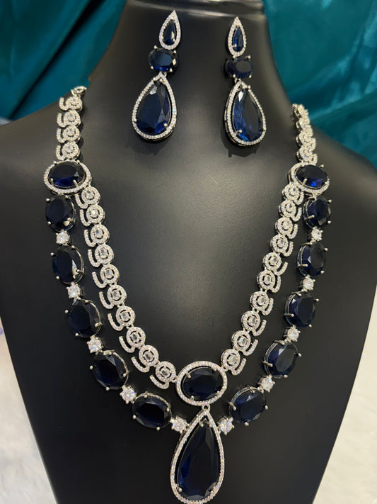 Blue Stone Oval with Tear Drop AD Necklace Set – Elegant Silver Plated American Diamond Jewelry