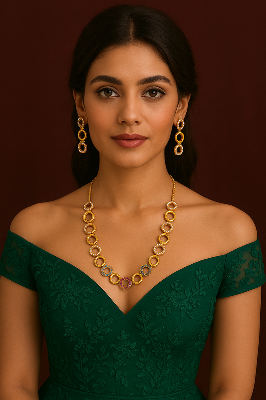 Multicolor Circle Rose Gold Plated Necklace Set – Vibrant Modern Jewelry for Women