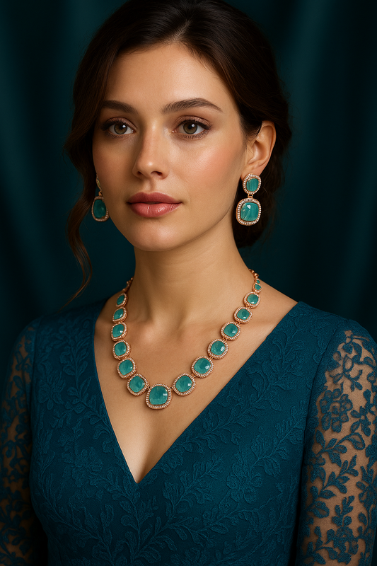 Teal Big Square Stones Rose Gold Plated Necklace Set