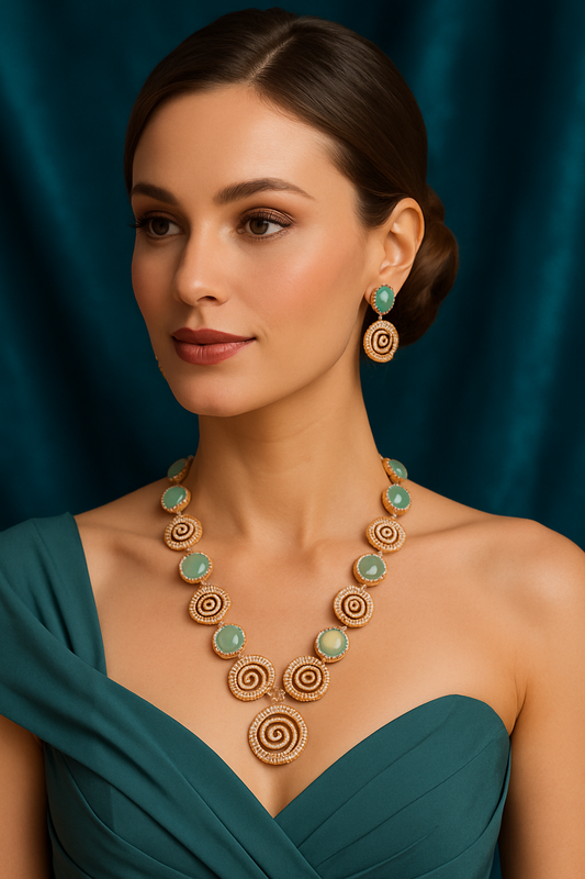 Stoned Spiral Shape Rose Gold Plated Necklace Set – Elegant Designer Jewelry for Women