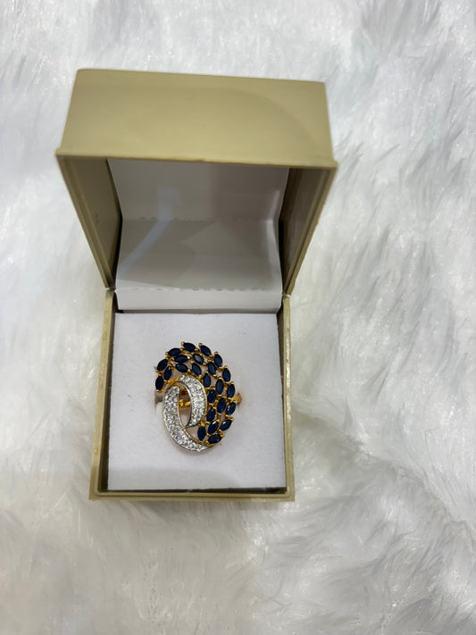 Blue Stones AD Gold Plated Ring – Elegant American Diamond Jewelry