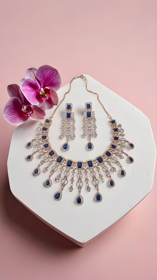 Heavy Rose Gold Plated Haar with Blue Stone – Grand Bridal & Festive Long Necklace Set