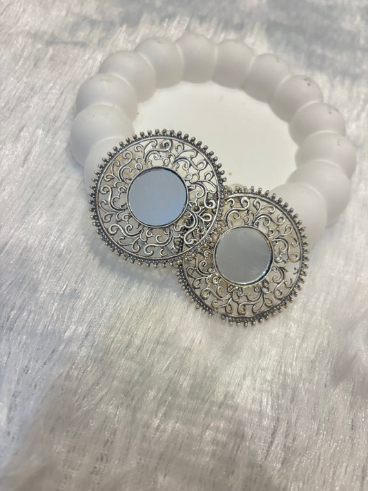 Oxidized Silver Round Mirror Earrings – Boho Ethnic Style