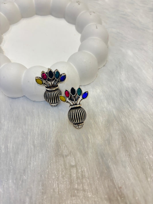 Multicolor Oxidized Flower Pot Studs