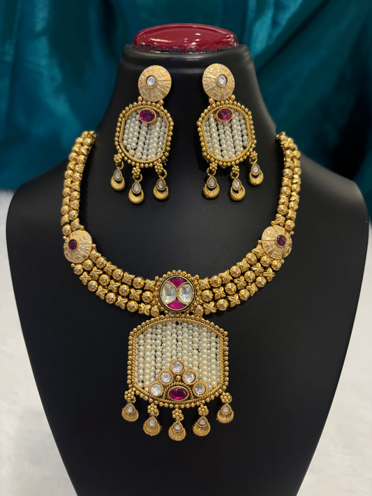 Gold Plated & Square Pearl Traditional Necklace Set – Ethnic Jewelry with Earrings