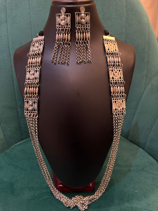 Long Oxidized Chains & Panel Necklace Set