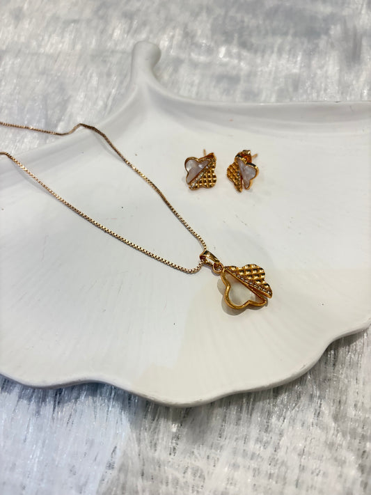 Gold Plated Heart Leaf Pendant Necklace Set with Earrings