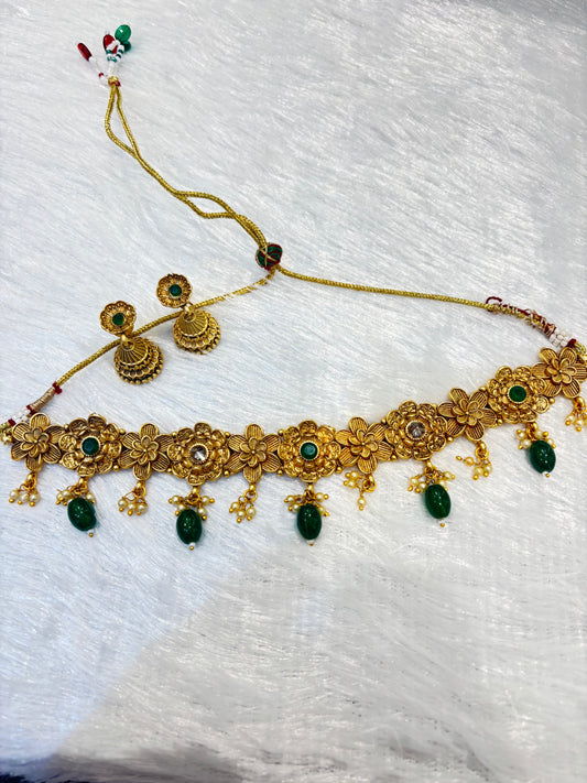 Gold Plated Antique Emerald Choker Set – Traditional Bridal Jewelry