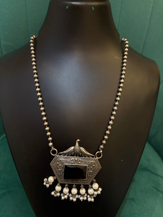 Oxidized Silver Necklace with Black Stone & Pearl Droplets – Peacock Pendant Design