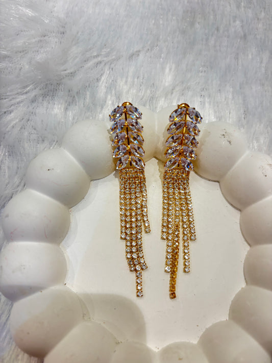 Crystal Leaf Cascade Long Earrings – Gold & Silver