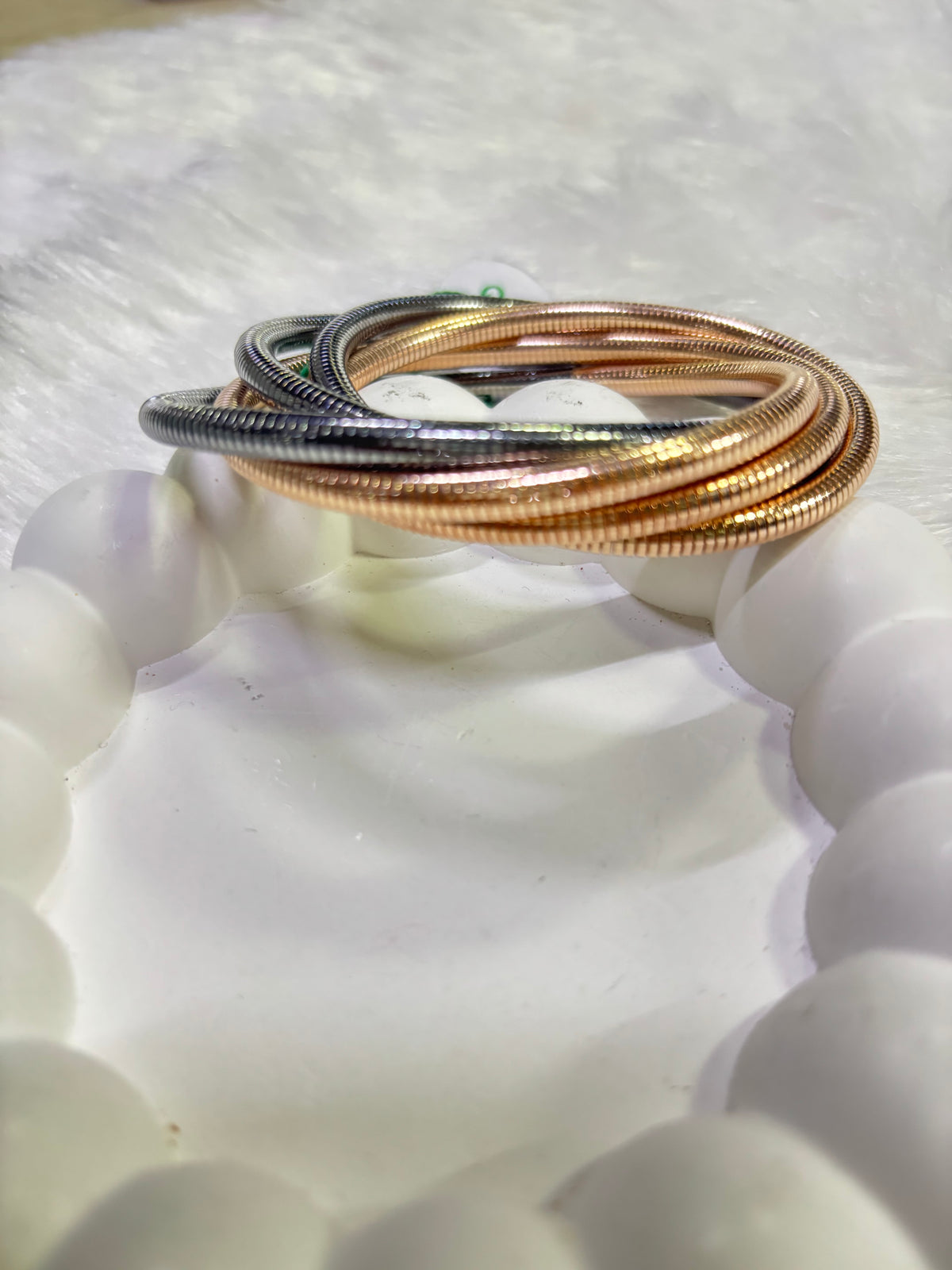 Trio-Tone Flexible Snake Bracelet – Gold, Silver & Rose Gold