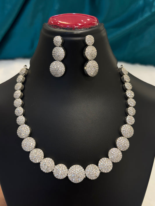 AD Silver Plated Circle Necklace Set – Elegant Round American Diamond Jewelry for Women