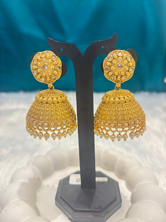 Antique Gold Plated Kundan & Pearl Jhumka Earrings